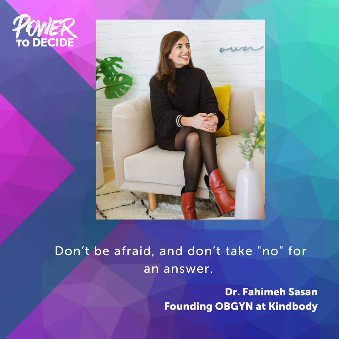 A headshot of Sasan and a quote from the interview, "Don't be afraid, and don't take 'no' for an answer."