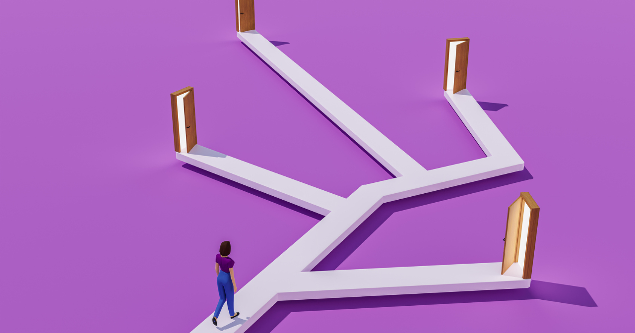 An illustration of a woman walking a route with many paths in front of her to choose from. 