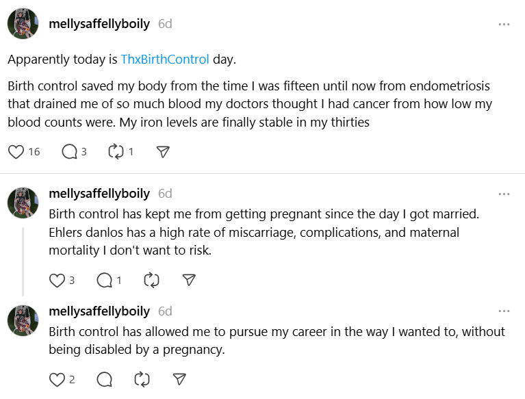 A screenshot of a threads post by user @mellysaffellyboily saying #ThxBirthControl.
