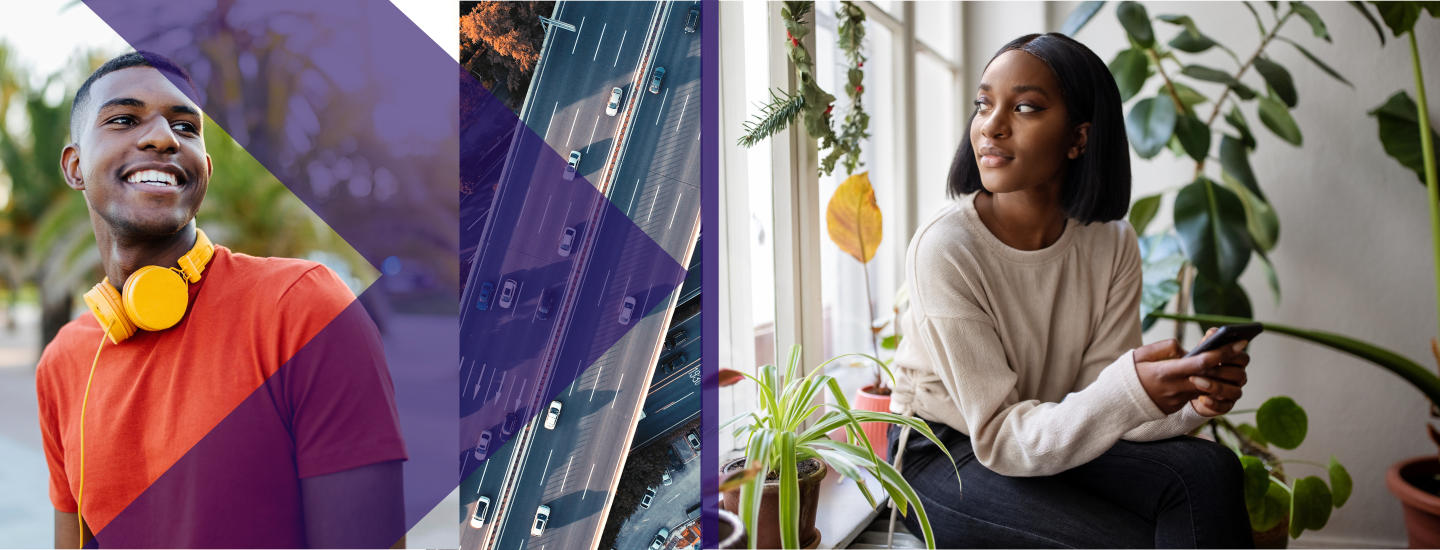 An image of a Black man looking happy wearing headphones and a Black woman looking pensively out a window. 