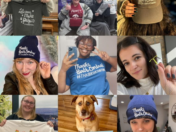 A collage of 9 photos of people saying #ThxBirthControl.